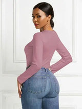 Round Neck Long Sleeve Bodysuit - Trendsi - Flyclothing LLC