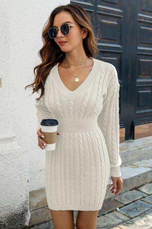 Cable-Knit V-Neck Long Sleeve Mini Sweater Dress - Trendsi - Flyclothing LLC