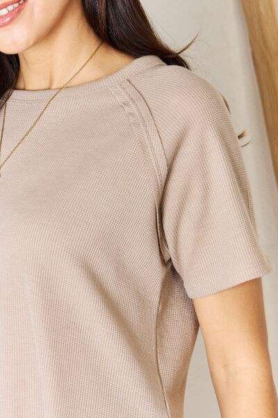Zenana Baby Waffle Short Sleeve Slit High-Low T-Shirt - Trendsi - Flyclothing LLC