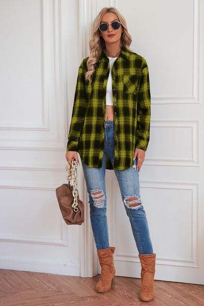 Plaid Button Up Dropped Shoulder Outerwear - Trendsi - Flyclothing LLC