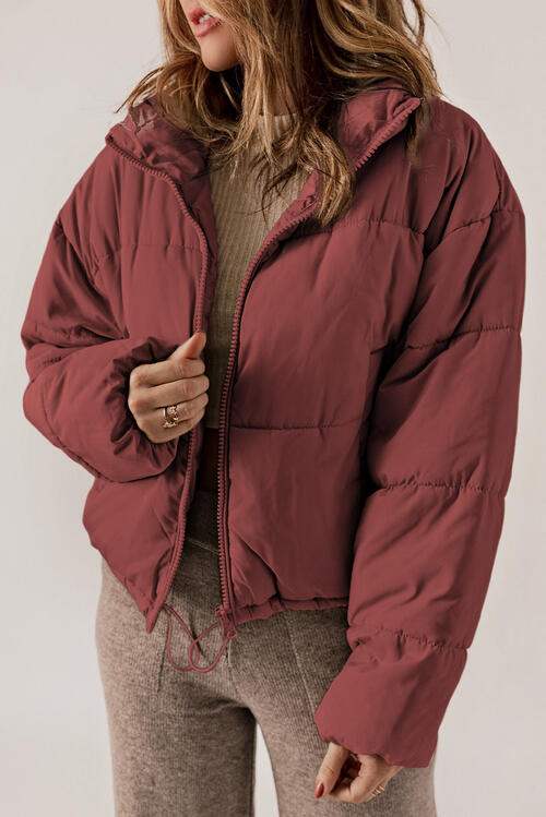 Zip Up Collared Neck Long Sleeve Winter Coat - Trendsi - Flyclothing LLC
