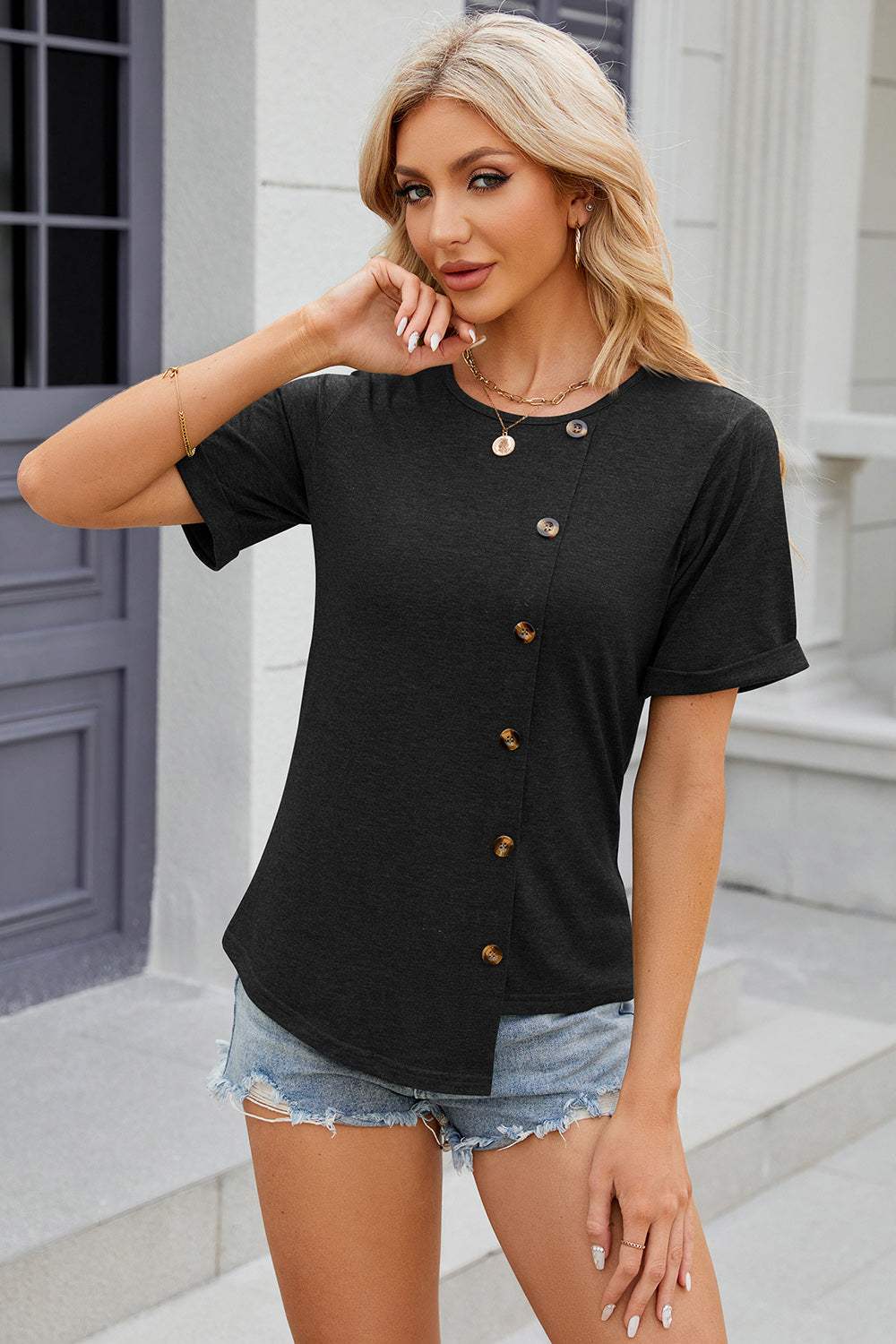 Round Neck Short Sleeve T-Shirt - Trendsi - Flyclothing LLC
