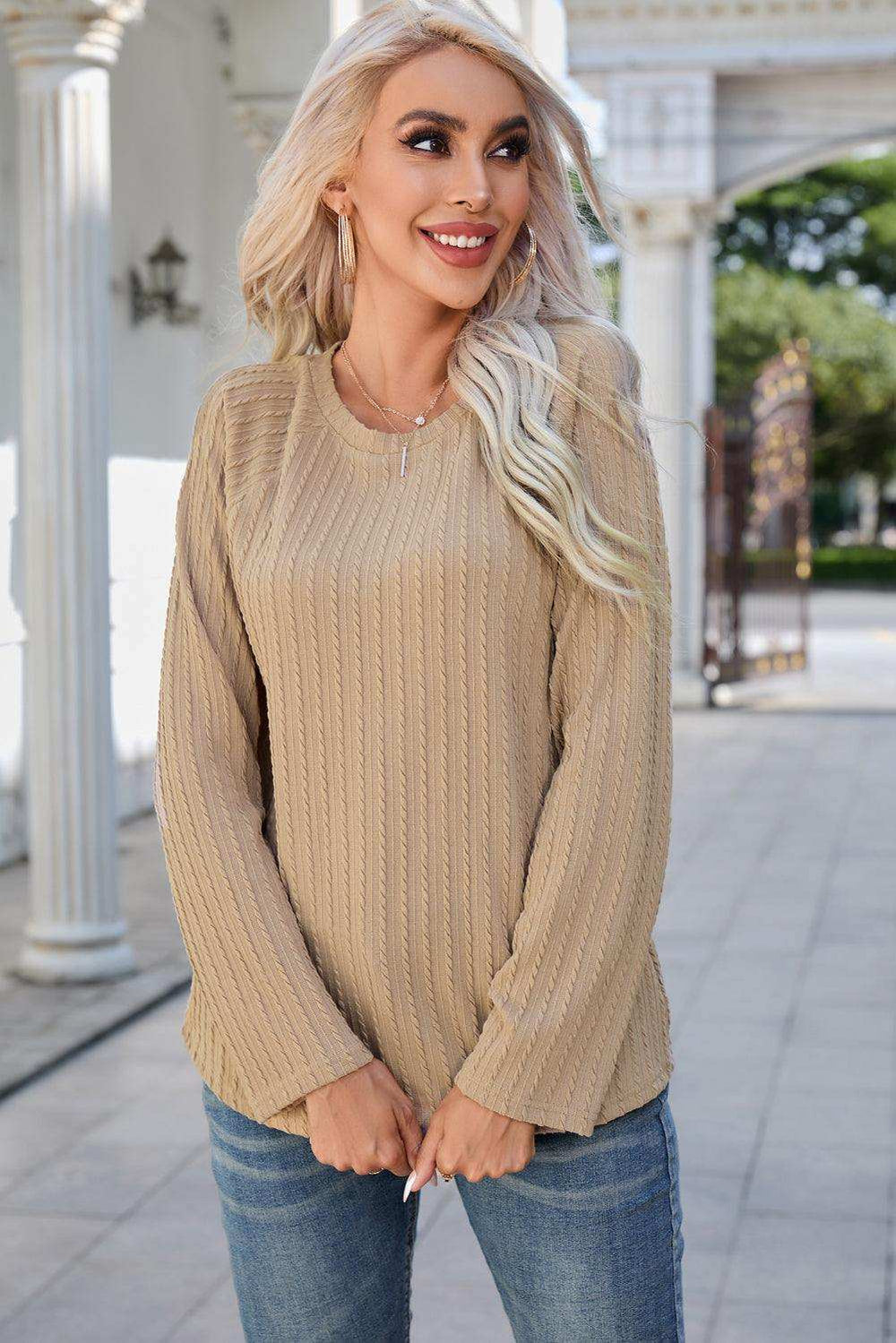 Round Neck Raglan Sleeve Ribbed Blouse - Trendsi - Flyclothing LLC