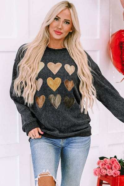 Heart Round Neck Dropped Shoulder Sweatshirt - Trendsi - Flyclothing LLC