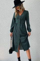 Printed Button Down V-Neck Midi Dress - Trendsi