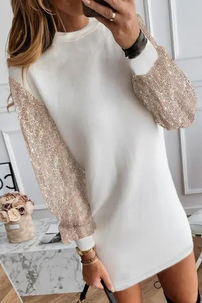 Sequin Long Sleeve Round Neck Mini Dress - Trendsi - Flyclothing LLC