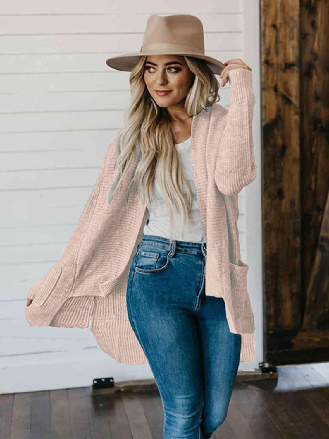 High-Low Open Front Cardigan with Pockets - Trendsi