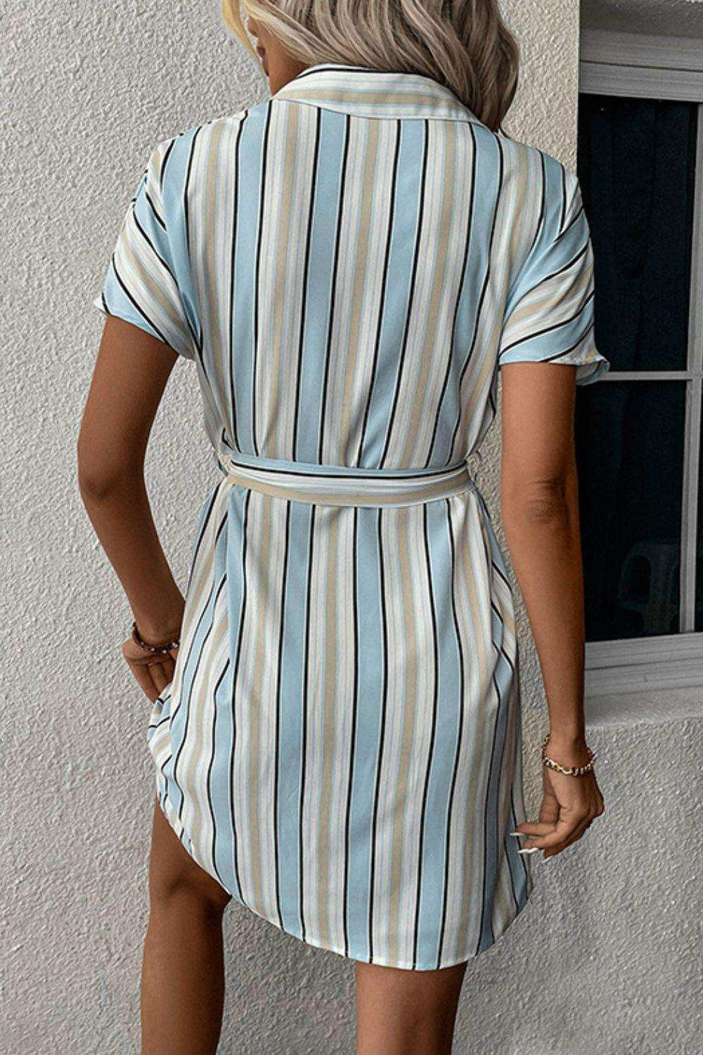 Striped Johnny Collar Tie-Waist Dress - Trendsi - Flyclothing LLC