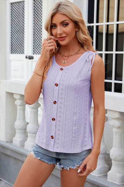 Eyelet Round Neck Wide Strap Tank - Trendsi - Flyclothing LLC