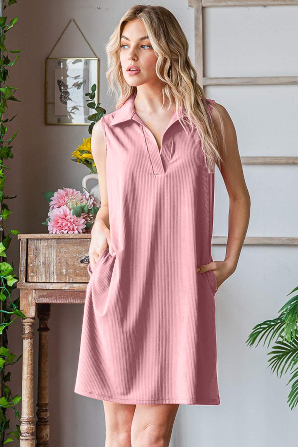 Heimish Full Size Ribbed Johnny Collar Sleeveless Dress - Trendsi - Flyclothing LLC