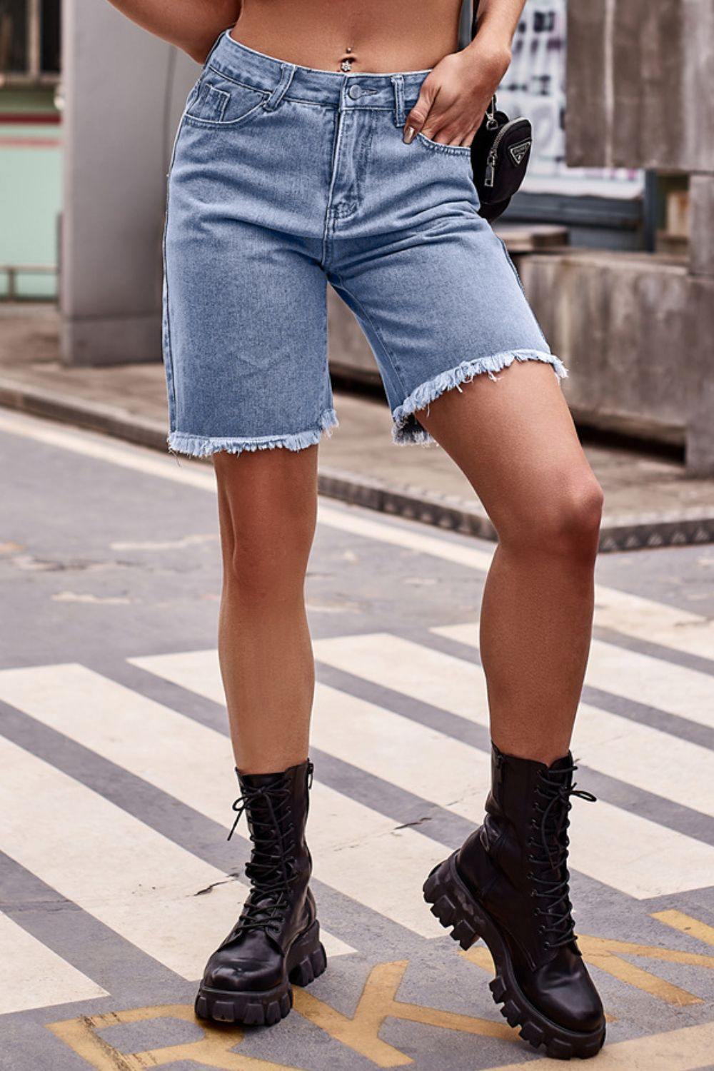Raw Hem Denim Shorts with Pockets - Trendsi