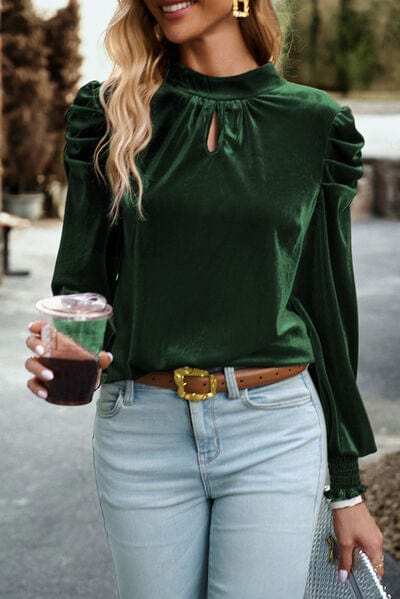 Tie Up Mock Neck Velvet Fabric Long Sleeve Blouse - Trendsi - Flyclothing LLC