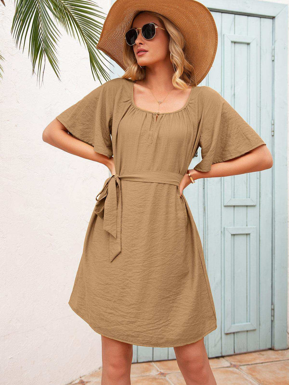 Tie Waist Flutter Sleeve Mini Dress - Trendsi - Flyclothing LLC