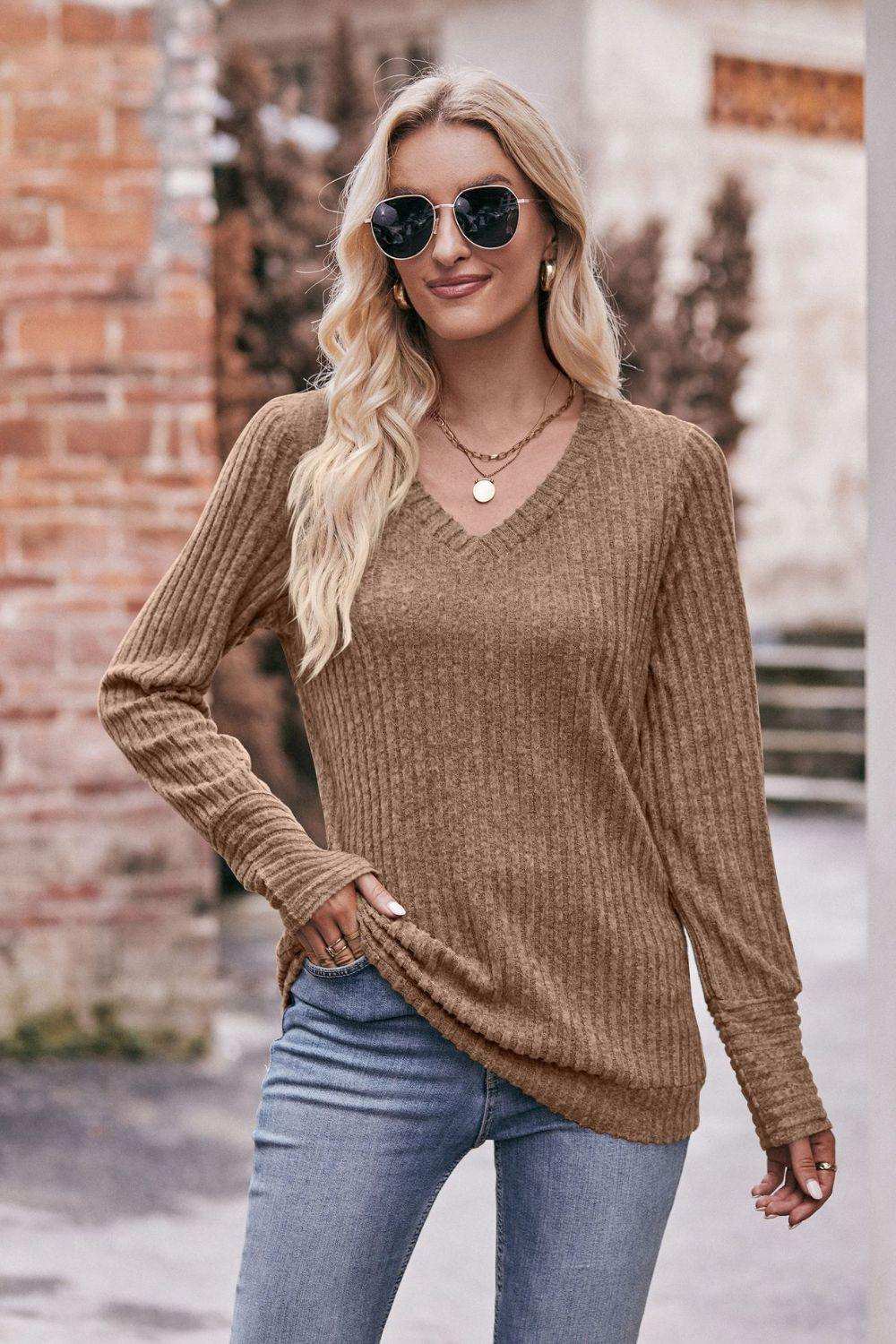 V-Neck Long Sleeve Ribbed Top - Trendsi - Flyclothing LLC