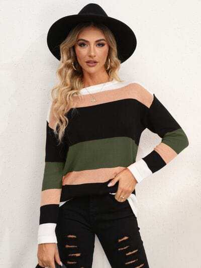 Striped Round Neck Dropped Shoulder Sweater - Trendsi - Flyclothing LLC