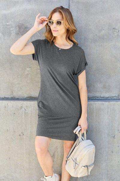 Basic Bae Full Size Round Neck Short Sleeve Dress with Pockets - Trendsi - Flyclothing LLC