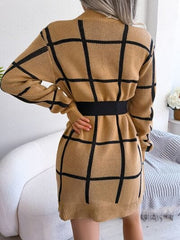 Plaid Round Neck Dropped Shoulder Sweater Dress - Trendsi