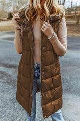 Longline Hooded Sleeveless Puffer Vest - Trendsi - Flyclothing LLC
