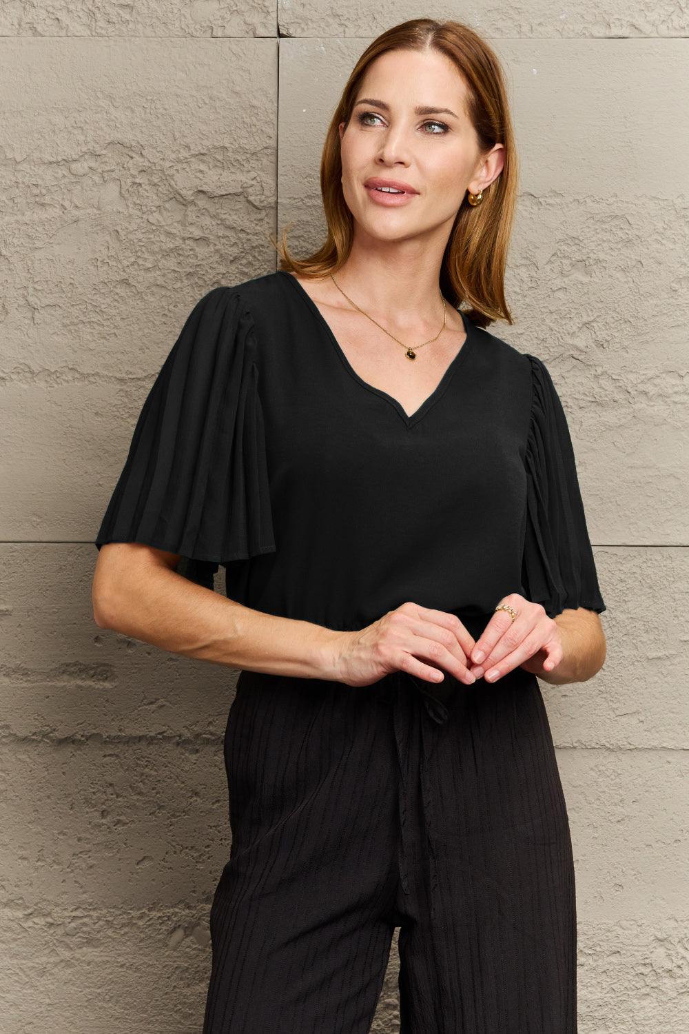 V-Neck Flutter Sleeve Blouse - Flyclothing LLC