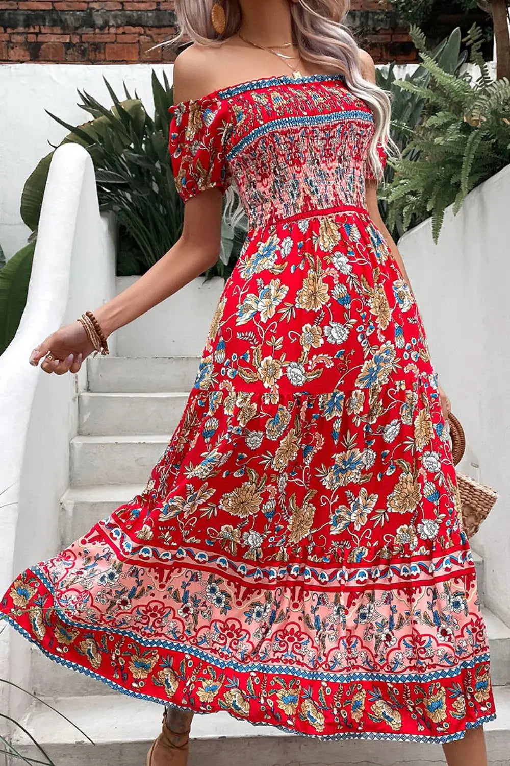 Floral Off-Shoulder Smocked Midi Dress - Trendsi - Flyclothing LLC