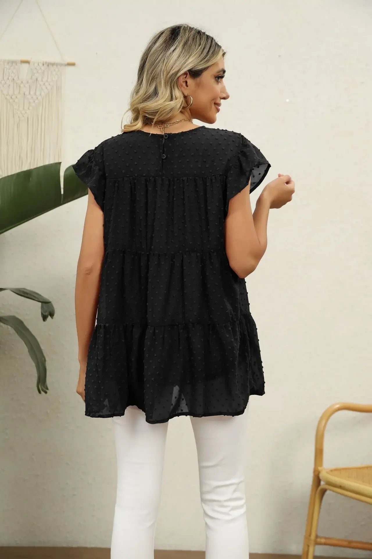 Swiss Dot Round Neck Tiered Blouse - Trendsi - Flyclothing LLC
