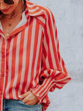 Striped Collared Neck Lantern Sleeve Shirt - Trendsi - Flyclothing LLC
