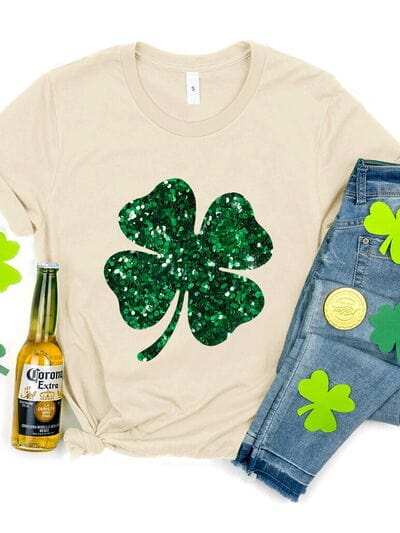 Lucky Clover Sequin Round Neck T-Shirt - Trendsi - Flyclothing LLC