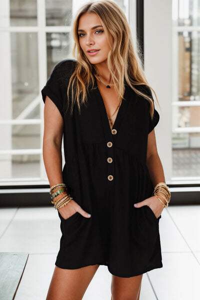 Pocketed V-Neck Short Sleeve Romper - Trendsi - Flyclothing LLC