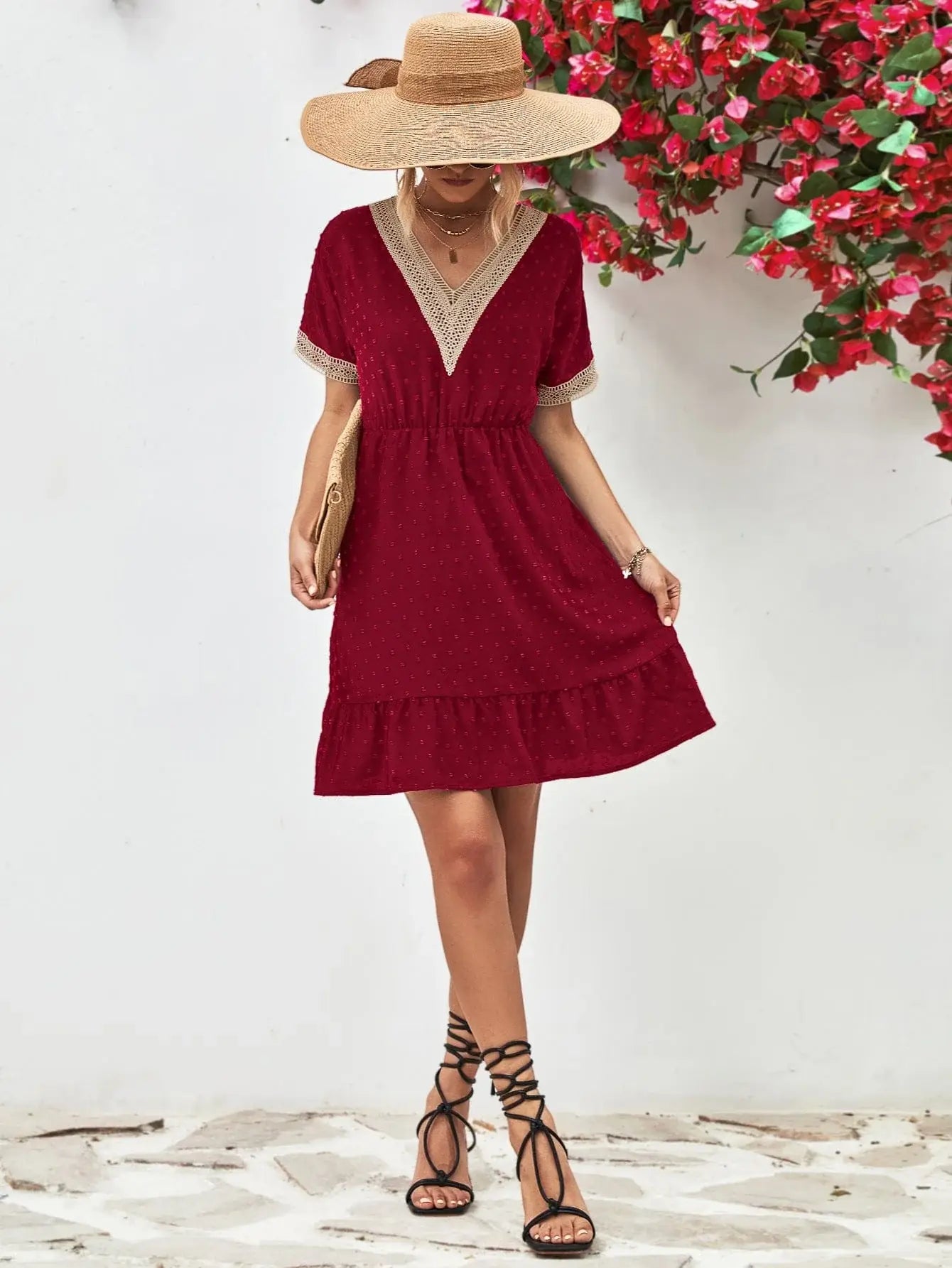 Contrast V-Neck Short Sleeve Mini Dress - Trendsi - Flyclothing LLC
