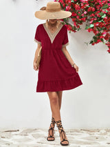 Contrast V-Neck Short Sleeve Mini Dress - Trendsi - Flyclothing LLC