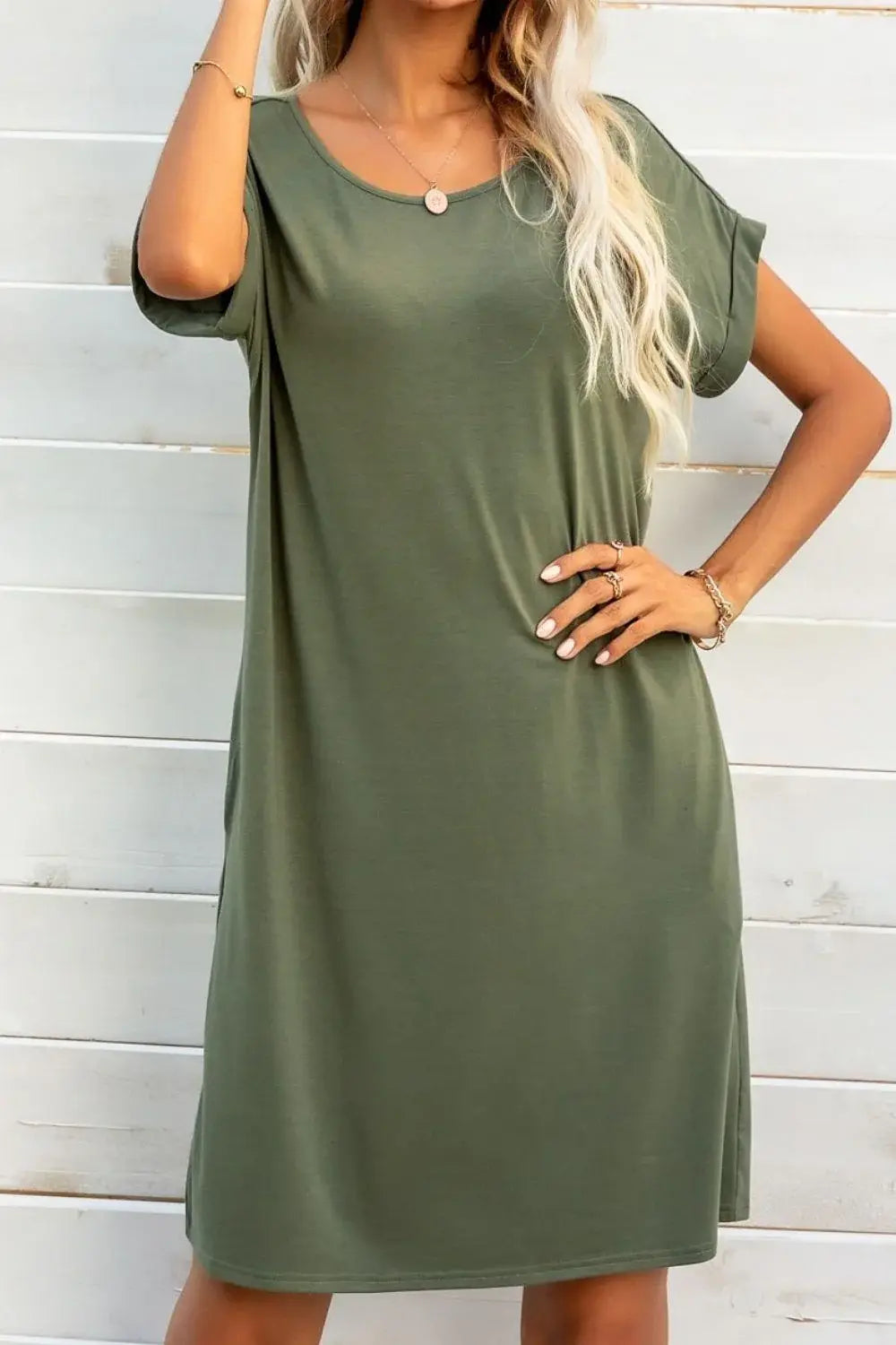 Scoop Neck Short Sleeve Pocket Dress - Trendsi - Flyclothing LLC