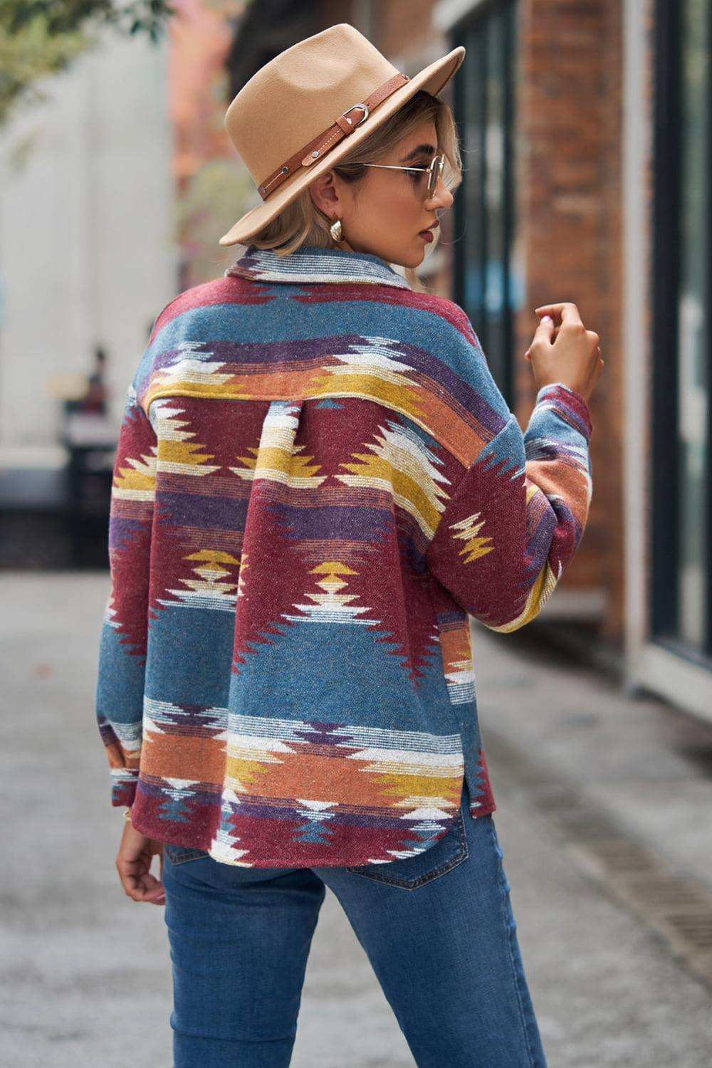 Printed Collared Neck Jacket - Trendsi - Flyclothing LLC