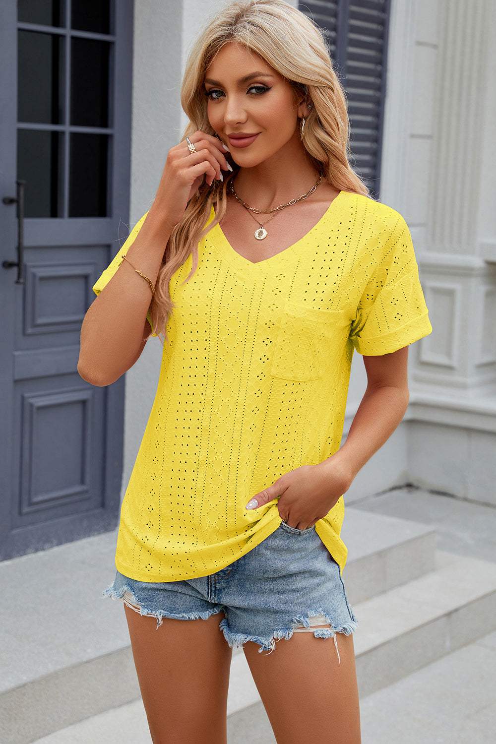 Eyelet V-Neck Short Sleeve T-Shirt - Trendsi - Flyclothing LLC