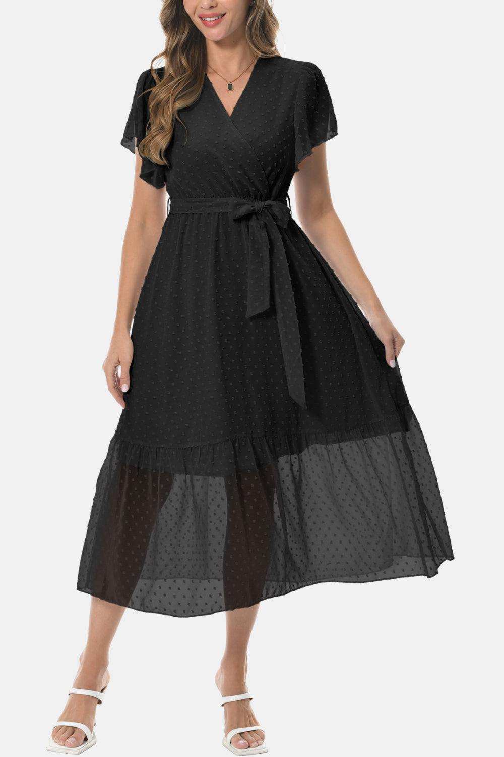 Surplice Neck Flutter Sleeve Tied Dress - Trendsi - Flyclothing LLC