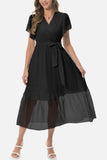 Surplice Neck Flutter Sleeve Tied Dress - Trendsi - Flyclothing LLC