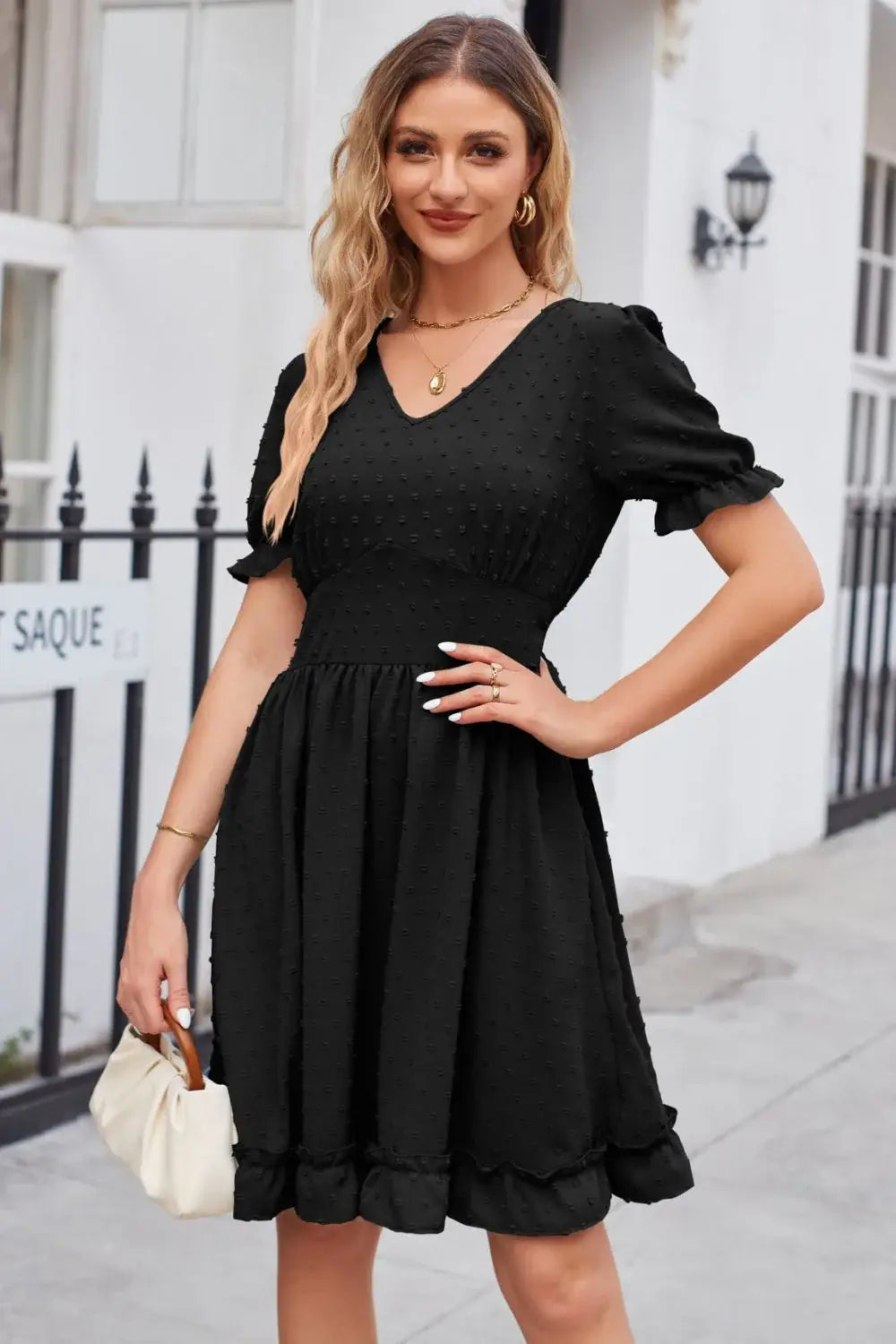 Swiss Dot Frill Trim Flounce Sleeve V-Neck Dress - Trendsi - Flyclothing LLC