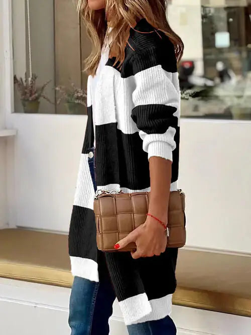 Contrast Open Front Long Sleeve Cardigan - Trendsi - Flyclothing LLC