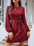 Round Neck Tie Front Long Sleeve Dress - Trendsi - Flyclothing LLC