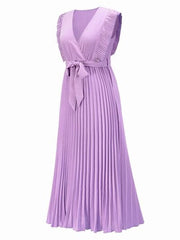 Tied Surplice Cap Sleeve Pleated Dress - Flyclothing LLC