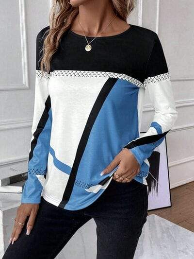 Contrast Round Neck Long Sleeve T-Shirt - Trendsi - Flyclothing LLC