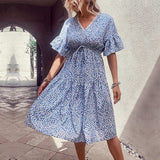 Floral Flounce Sleeve V-Neck Dress - Trendsi - Flyclothing LLC