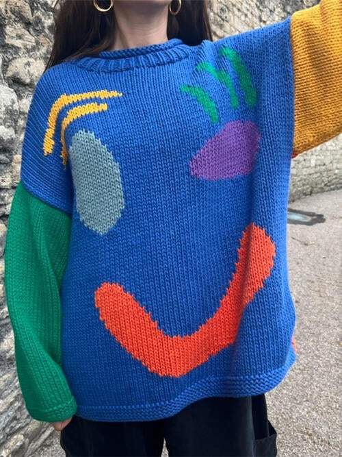 Contrast Drop Shoulder Long Sleeve Sweater - Trendsi - Flyclothing LLC