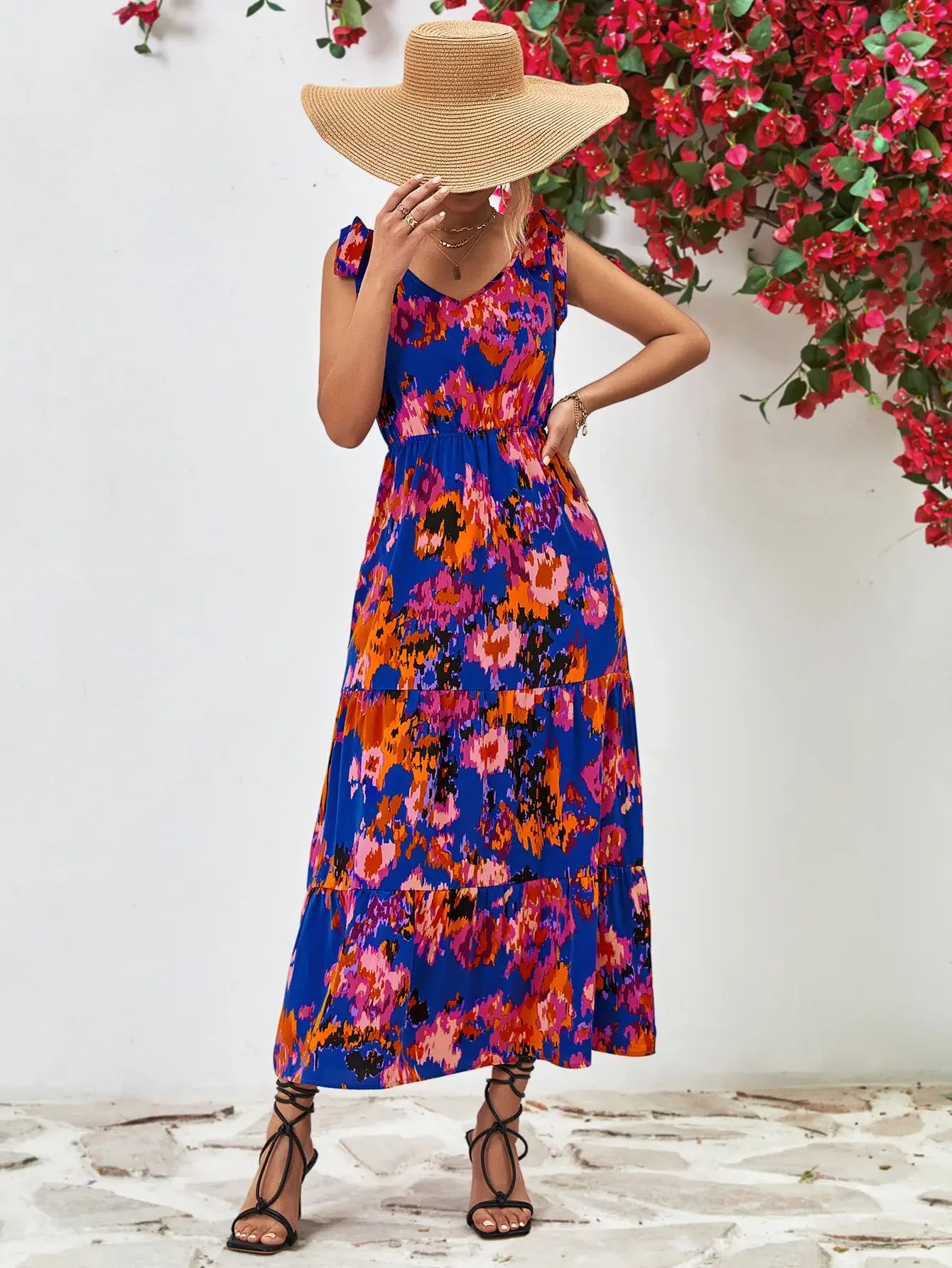 Multicolored V-Neck Backless Midi Dress - Trendsi - Flyclothing LLC