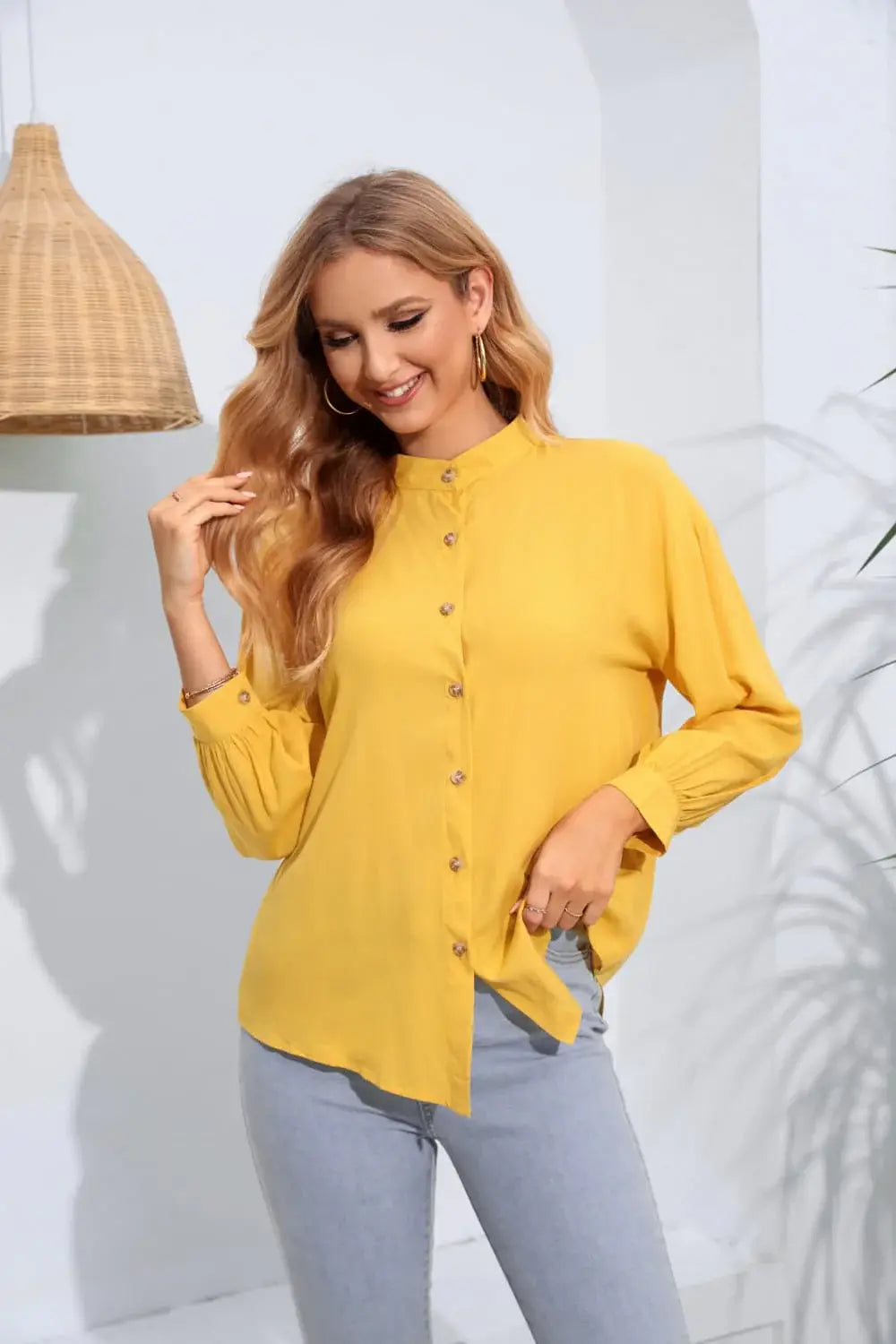 Mock Neck Buttoned Long Sleeve Shirt - Trendsi - Flyclothing LLC