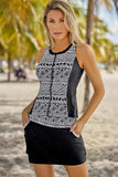 Geometric Print Color Block Swim Top and Skirt Set - Trendsi - Flyclothing LLC