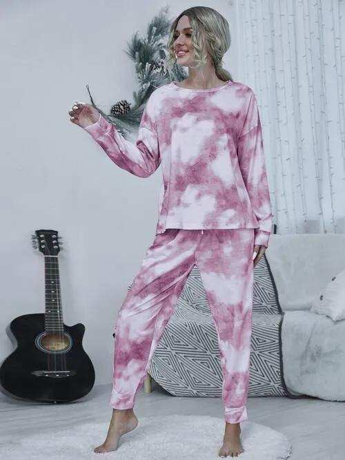 Tie-dye Round Neck Top and Drawstring Pants Lounge Set - Trendsi - Flyclothing LLC
