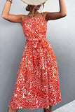 Printed Spaghetti Strap Decorative Button Belted Dress - Trendsi