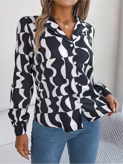 Printed Button Up Long Sleeve Shirt - Trendsi