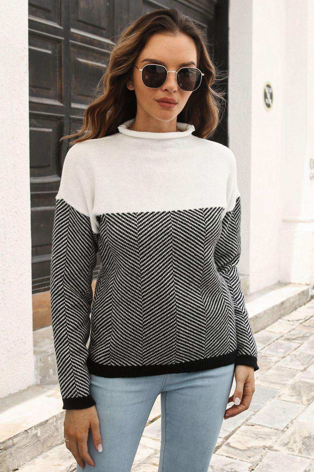 Two-Tone Mock Neck Dropped Shoulder Pullover Sweater - Flyclothing LLC