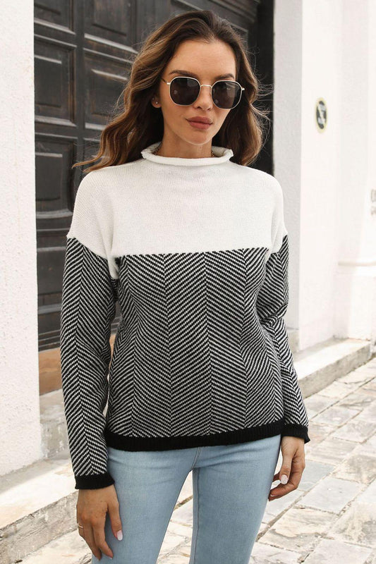 Two-Tone Mock Neck Dropped Shoulder Pullover Sweater - Flyclothing LLC